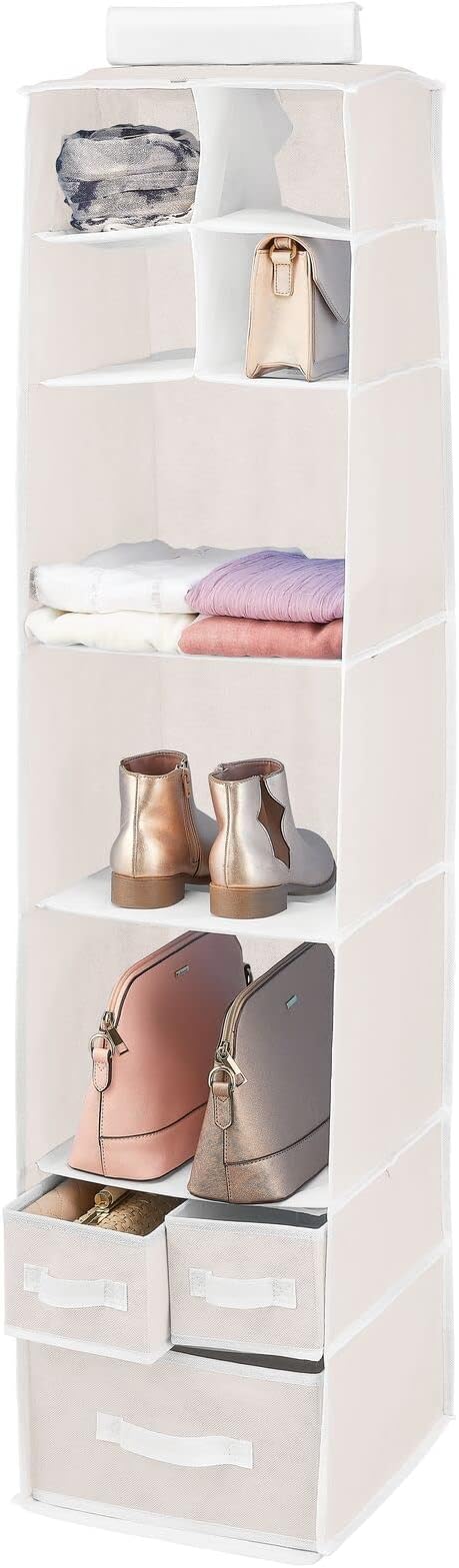 mDesign Fabric Hanging Organizer - Over Closet Rod Storage - 7 Shelves/3 Removable Drawers for Baby Nursery Bedroom Organization, Hold Clothes, Linens, Toys, Accessories, Jane Collection, Cream/White