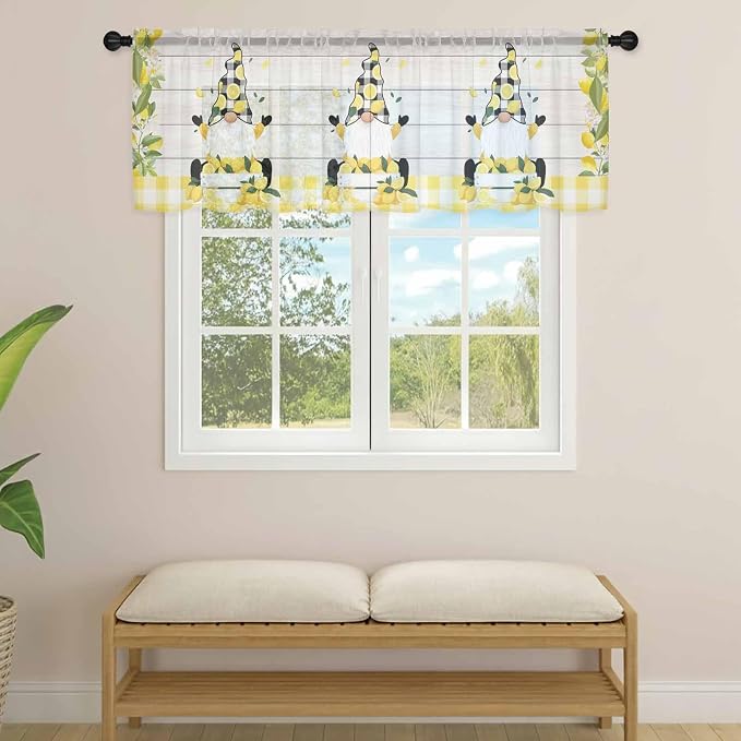 Lemon Dwarfs Sheer Valance Curtains, Gnome Green Leaf Wood Striped Black Plaid