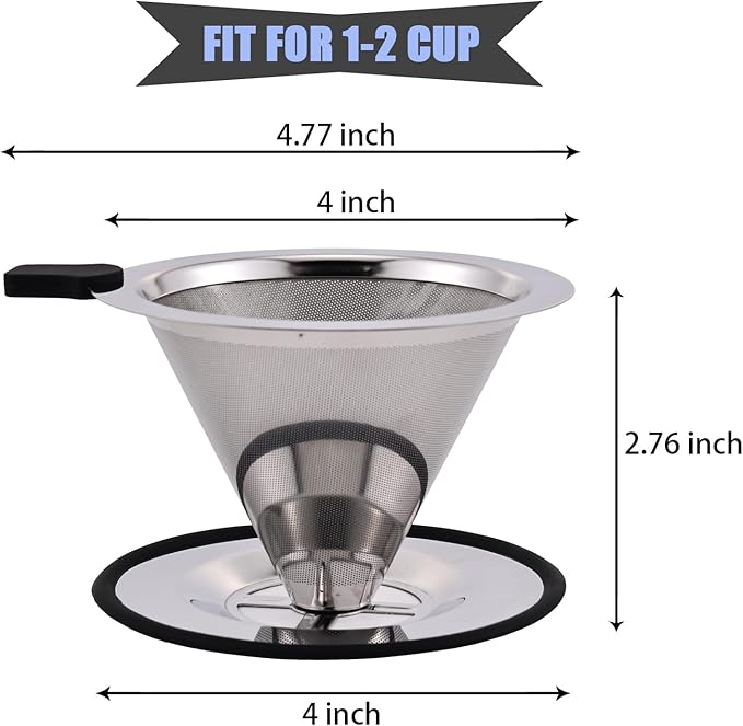 Pour Over Coffee Filter Dripper, Stainless Steel Metal Cone Coffee Filter