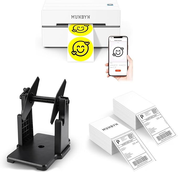 MUNBYN 130B Bluetooth Thermal Label Printer+4x6 Inch Direct Thermal Labels, 1000 Labels/2 Stacks+2 in 1 External Rolls Label Holder