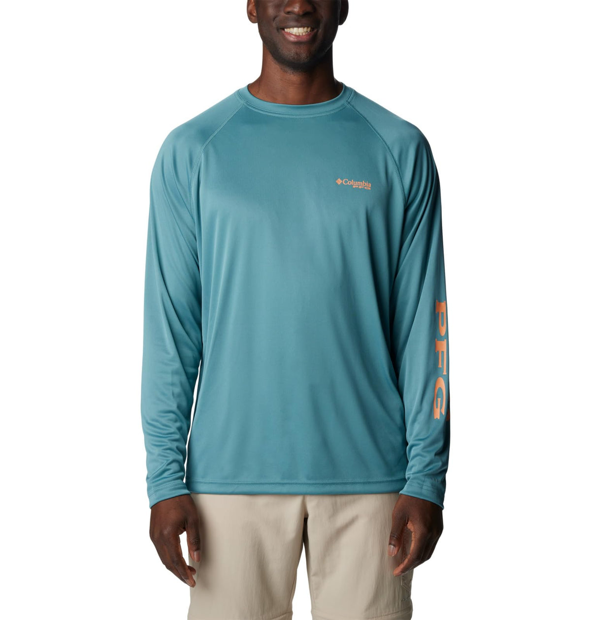 Columbia Men's Terminal Tackle Long Sleeve Fishing Shirt, Tranquil Teal/Orange Reef Logo, X-Small