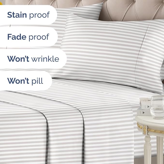 Light Grey and White Striped Sheets - 1 Flat & 1 Fitted Sheet & 2 Pillowcases w/ Deep Pockets - Wrinkle & Fade Resistant, Ultra-Soft, Breathable & Cooling - Luxury Pinstripe Bedding - Queen Size
