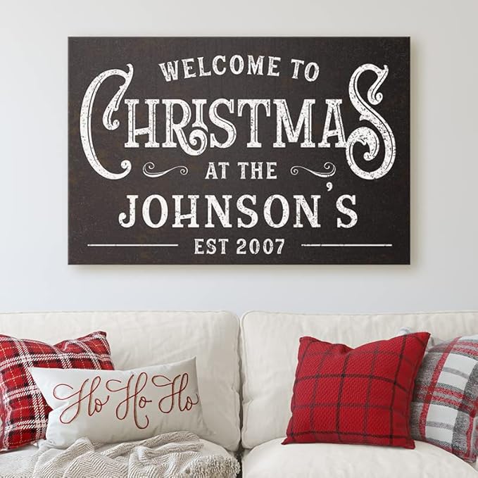 Milweb1 Personalized Family Name Welcome To Christmas/Rustic Vintage Farmhouse Holiday Decor Canvas Sign Holiday Decorations Wall Decor Print (24"x36")