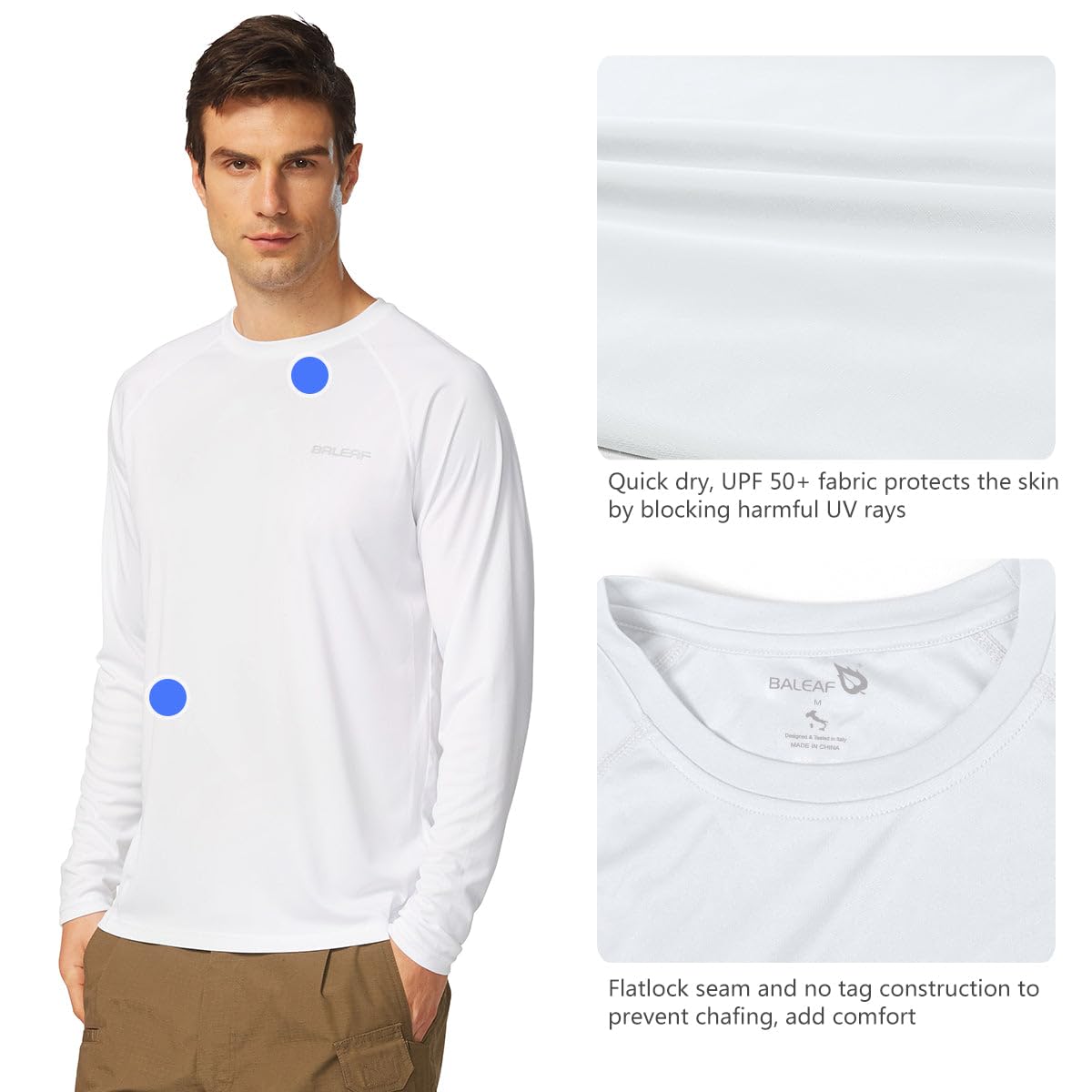 baleaf Mens UPF 50+ Sun Protection Shirts Long Sleeve Rash Guard, Quick Dry 4-Way Stretch for Fishing Swimming Surfing 01-White L