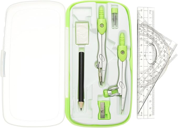 PATIKIL Geometry Precision Tool Set, 11 Pcs Geometry Set Compass Tool with Shatterproof Storage Box Rulers Math Compass Kit for Math Drafting Supplies, Grass Green(Style 1)