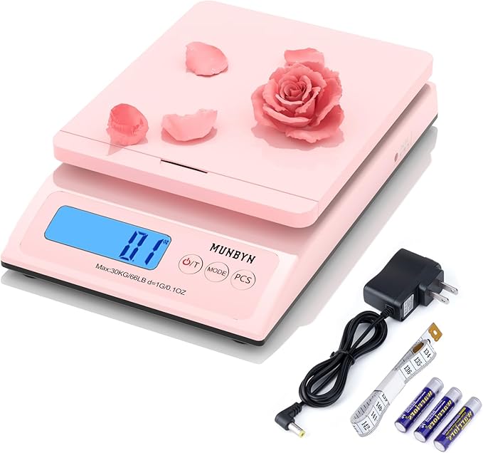 MUNBYN 130B Bluetooth Thermal Label Printer+Thermal Direct Shipping Label (Pack of 500 4x6 Fan-Fold Labels)+Shipping Scale, Accurate 66lb/0.1oz Postal Scale with Sweet Pink Style