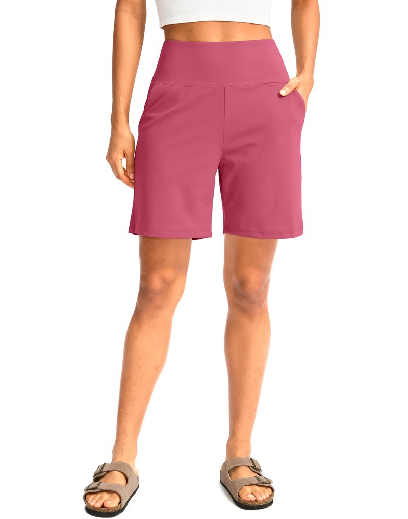 G Gradual Women's Bermuda Long Shorts with Pockets 7" High Waisted Knee Length Shorts for Women Walking Athletic Workout(Briar Rose-L7,S)