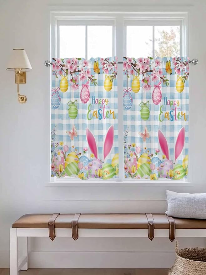 Happy Easter Kitchen Curtains 54 Inches length, Spring Watercolor Bunny Eggs