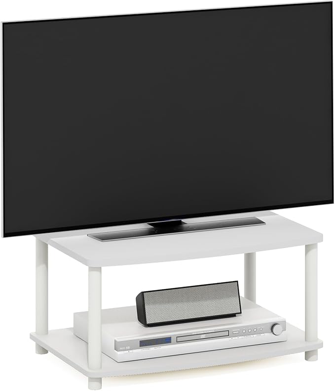 Furinno Turn-N-Tube TV Riser Stand, 2-Tier Small Elevated No Tools TV Stand, TV Console for TV up to 32 inch, 15.8 x 23.8 x 11, for Living Room, Bedroom, White