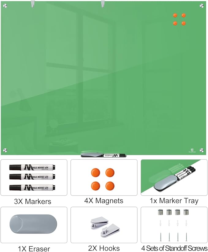 TSJ OFFICE Glass Dry-Erase Board - 48 x 36 Inches Wall Mounted Magnetic Whiteboard, Large Frameless Glass White Board for Office, Home & School, Green