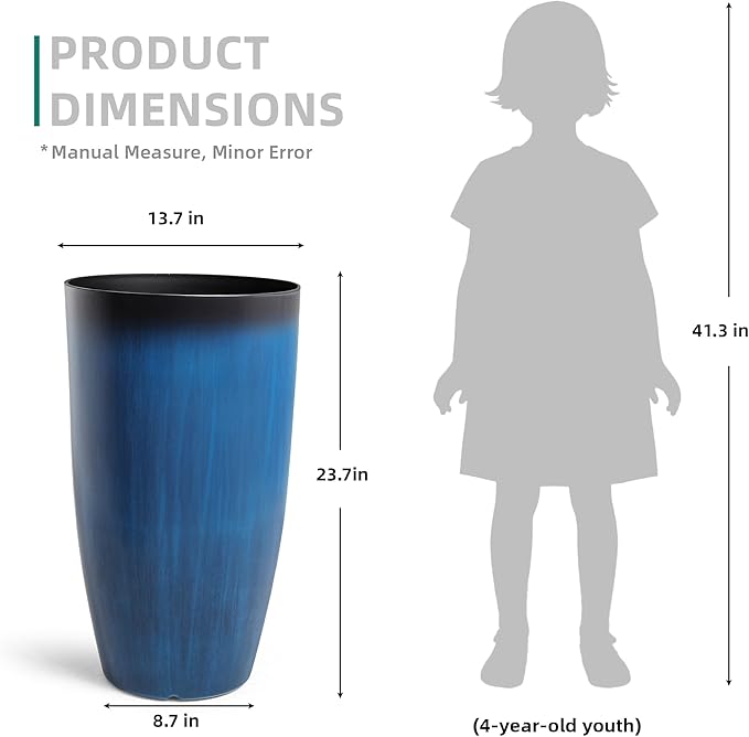 23.75" Round Tall Planters, 2-Pack Large Flower Pots for Indoor Outdoor Plants, UV-Protect PP Container for Garden Patio Yard Balcony Porch or Home Decor, Artistic Floating Cobalt Blue Glaze