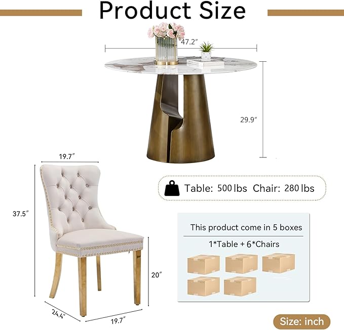7-Piece Faux Marble Round Dining Table Set for 6, Modern Luxury Kitchen Table Set for 6 with Beige Tufted Chairs,Circle Dining Tables with Pandora Grain Top and Bronze Pedestal Base