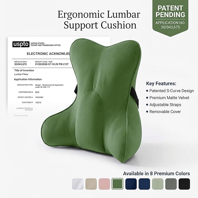 Lumbar Support Pillow(Pat. Pend) for Lower Back Pain Relief – Multi-Functional Ergonomic Lumbar Cushion, Reading Pillow for Office Chair, Car Seat & Sofa,Olive Green