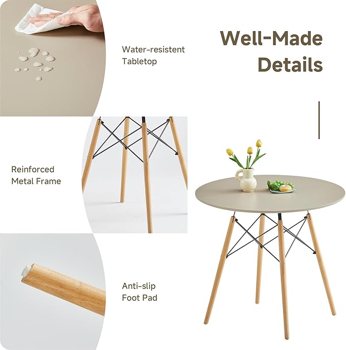 Round Dining Table Set for 4 31.5" Wood Dinner Table Circle Dining Table Kitchen Table Chairs Set of 4 with Wood Strip Base for Kitchen Living Room Space Saving Apartment(Beige)