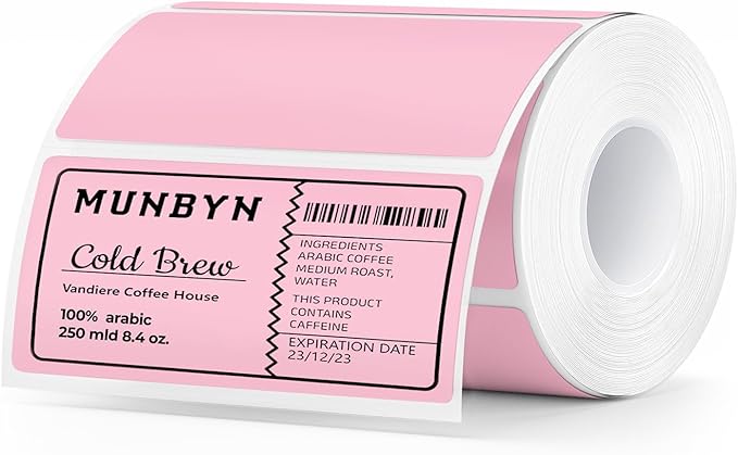 MUNBYN 4” X 2” Direct Thermal Labels, Thermal Printer Stickers, Strong Adhesive & Perforated Labels Paper for Barcode, Mailing, 500 Sheets/1 Roll, Pink