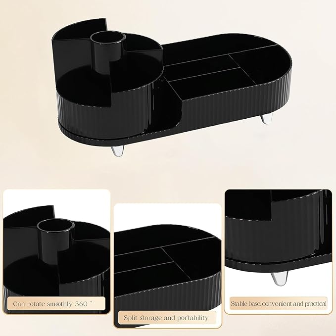 Rotating Cosmetic Organizer, Plastic Countertop Makeup Organizer with Makeup Brush Holder, Large Capacity Cosmetic Display Case, Countertop Makeup & Perfume Organizer with 9 Partitions (Black)