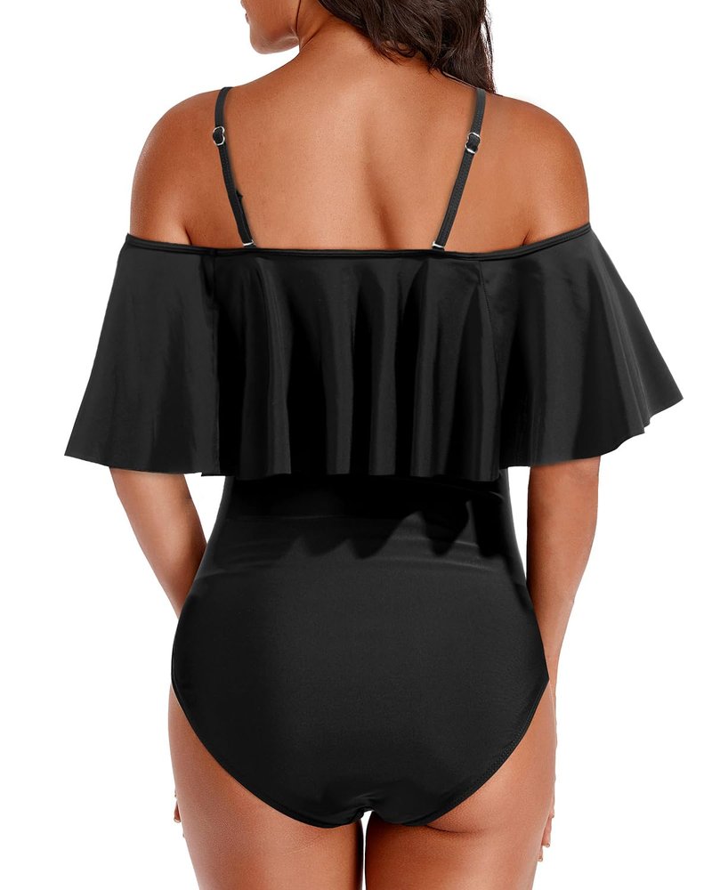 Holipick Black Women Strapless One Piece Swimsuits Tummy Control Bathing Suit Ruffle Off Shoulder Swimwear with Sleeves L