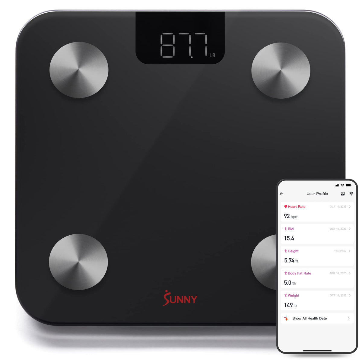 Sunny Health & Fitness 20 Metric Advanced Body Fat Composition BMI Scale with Health Tracker & Analyzer App - Smart Bathroom Scale for Body Weight, Metabolic Age, BMR, Fat Mass and More – SF-WS022063