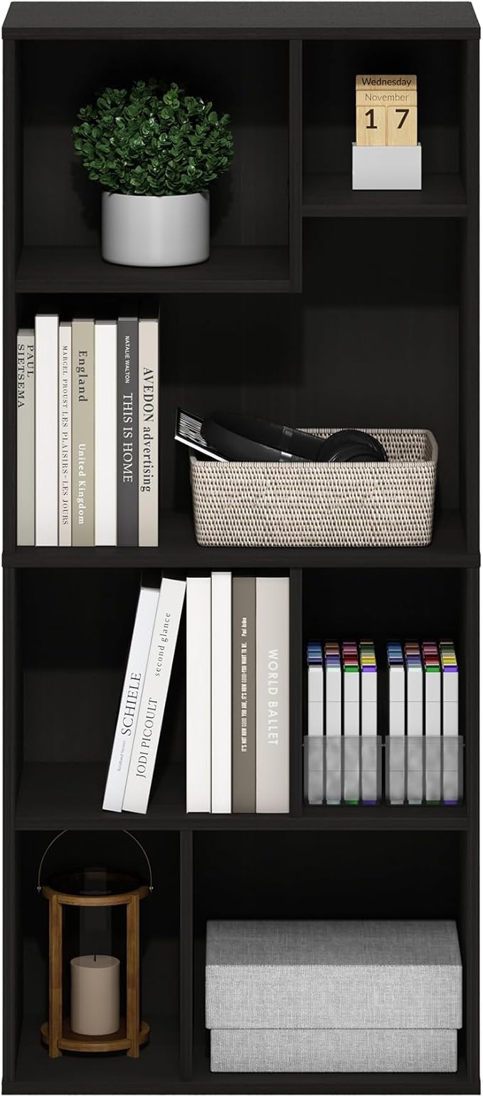 Furinno DALY Book Shelf, 7-Cube Bookshelf, Cube Storage Organizer Bookcase with Irregular Compartments, 9.4 x 18.9 x 42.1, for Living Room, Bedroom, Home Office, Espresso