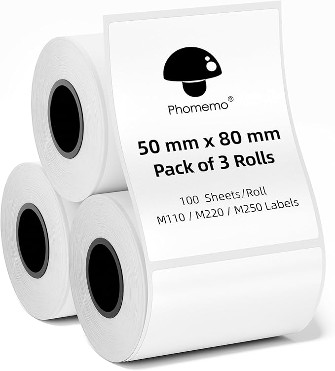 Phomemo [3x100 pcs]Original Labels for M110/M100/M220/M221, 3 Rolls 1.97''x3.15''(50x80mm),Square, White, 100 Label/Roll, Also Support Shipping Printer for Clothing, Ingredient, Logo, Barcode, Address