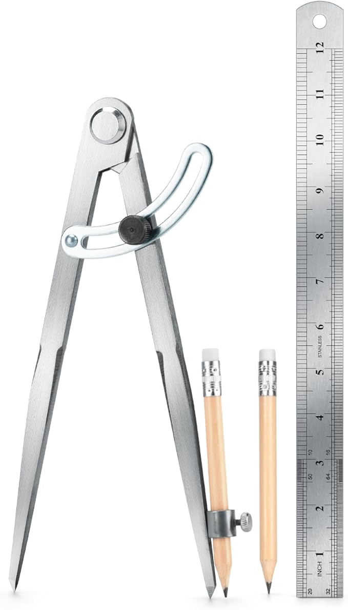 WORKLION Woodworking Compass Geometry Set - Large Locking Pencil Compass for Drawing Circles, Professional 8 Inch Woodworking Compass with 2 Pencils and a 12inch Ruler, Perfect for Precision Geometry.
