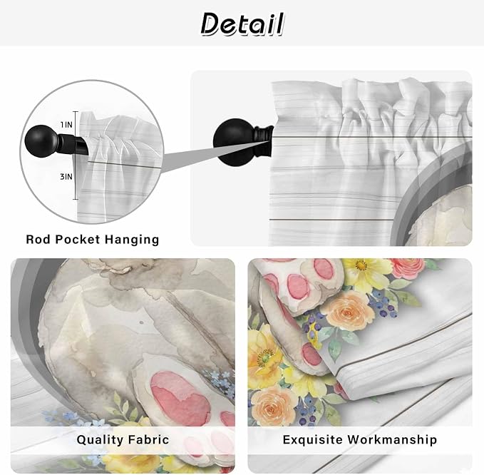 Easter Bunny Kitchen Curtains 45 Inch Long 2 Panel Set, Rod Pocket Window