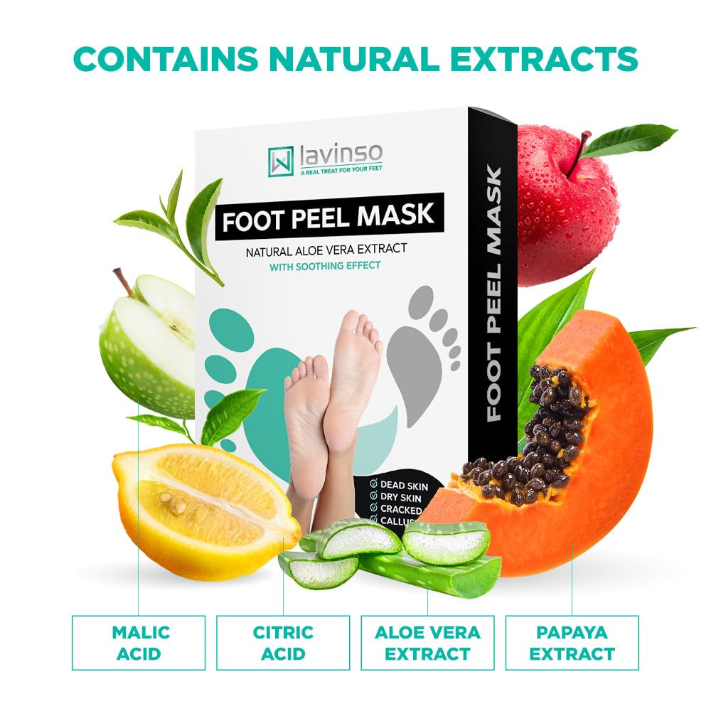 Lavinso Foot Peel Mask for Dry Cracked Feet – 4 Pack Peeling Mask Removes Dead Skin and Calluses - Exfoliating for Soft Baby Feet, Original Scent