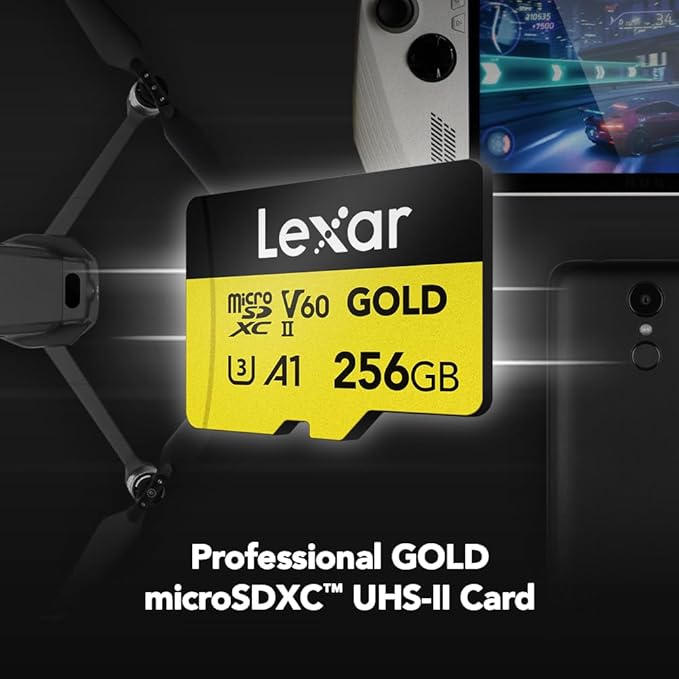 Lexar 256GB Professional Gold Micro SD Card, UHS-II, C10, U3, V60, A1, Full HD, 4K, Up to 280/180 MB/s microSDXC Memory Card, for Drones, Action Cameras, Portable Gaming Devices (LMSGOLD256G-BNNNG)