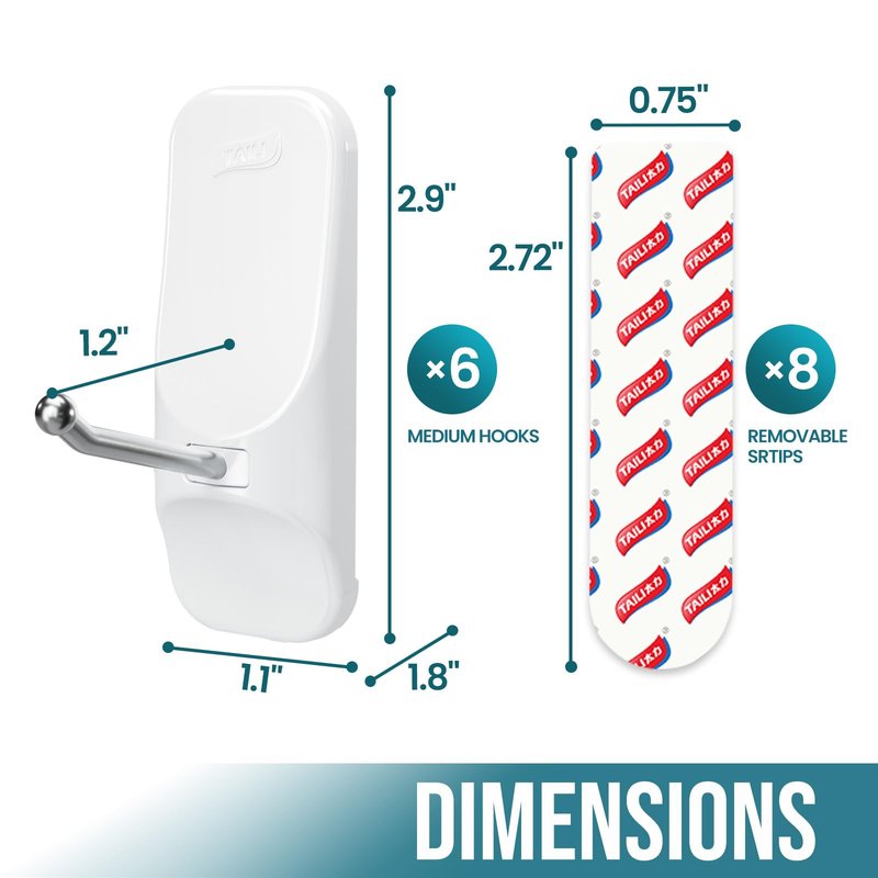 TAILI Hooks for Hanging,6 Wire Sticky Hooks and 8 Adhesive Strips, White Utility Hooks for Painted Wall, No Damage Heavy Duty Holds up to 3 lb, Removable & Reusable for Door, Dorm, Clothes, Kitchen