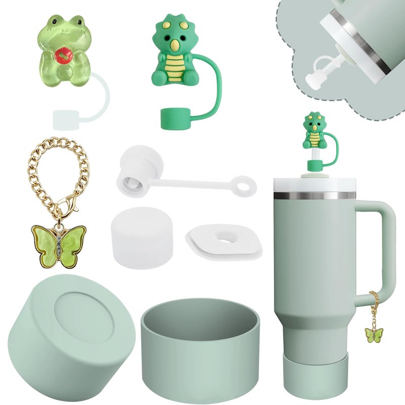 Stanley Cup Accessories Set,Including 2 Pcs 0.4in Straw Cover, 1 Silicone Spill-Proof Stopper, 1 Cute Handle Charm, 1 Silicone Boot Fits Stanley 40&30 Oz Tumbler (Eucalyptus Green)