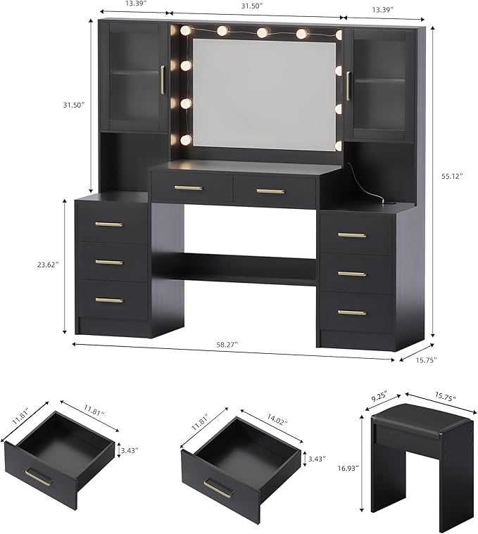 58.3" Black Vanity Desk with Mirror, Lights and Charging Station, 3 Lighting Modes Makeup Desk with 8 Drawers, 2 Cabinets and Lots Storage, Dressing Table Vanity Set for Girls