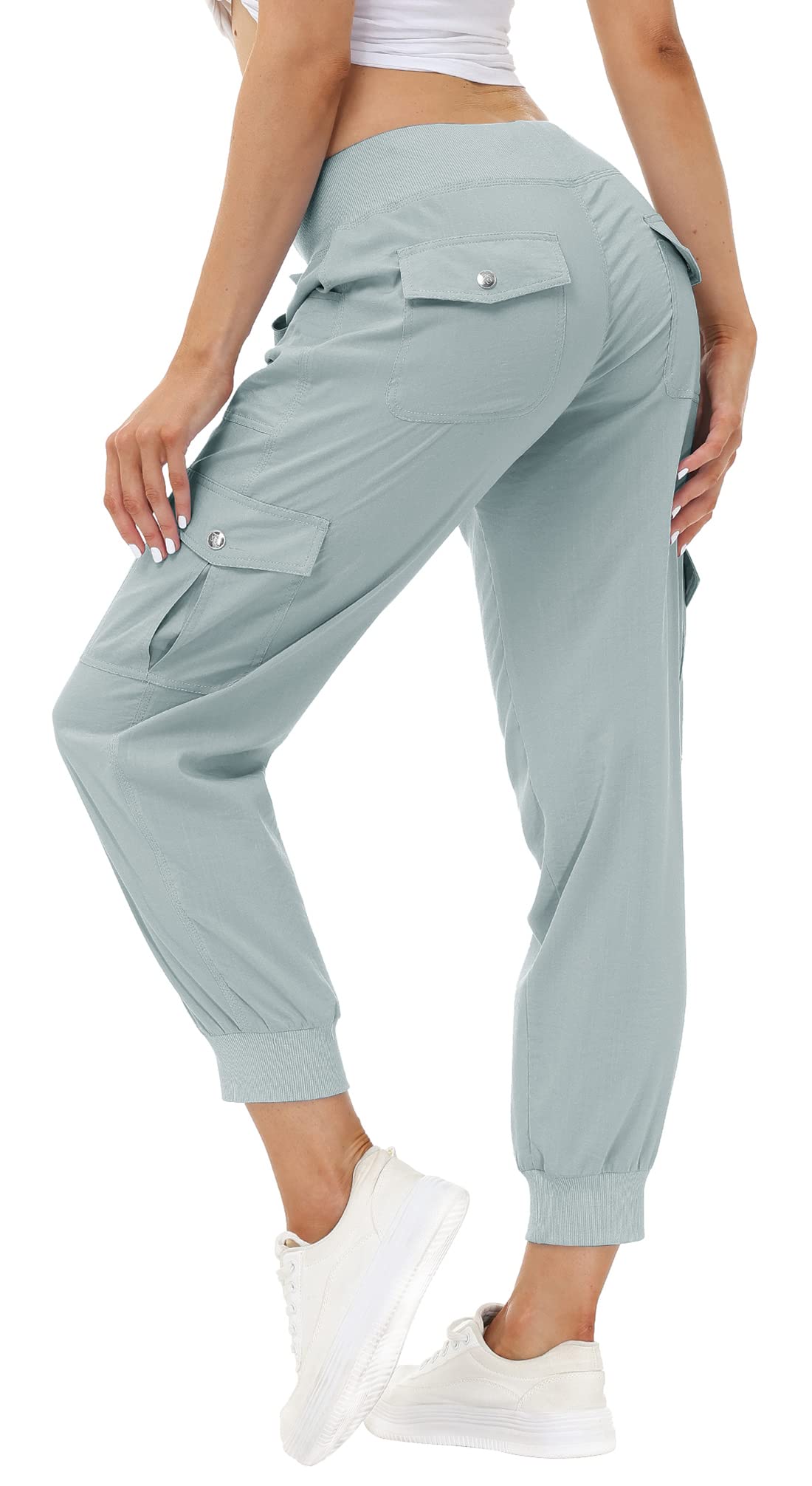 MoFiz Women Cargo Pants with Pockets Lightweight Outdoor Summer Travel Casual Hiking Pants Running Joggers Sweatpants Elastic Waist Light Grey M