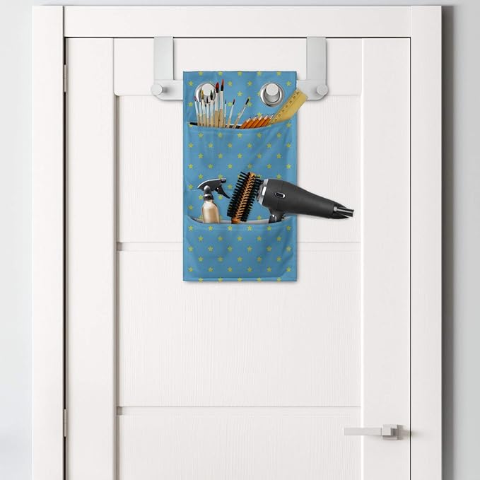 Ambesonne Stars Hanging Pocket Organizer, Continuous Abstract Pattern of Mini Star Motifs Geometric Elements, Printed Polyester Storage Bag with Pockets, 9" x 16", Sky Blue Yellow Green