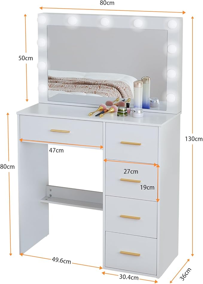Vanity Desk with Mirror and Lights, Dressing Table with Drawers, 3 Colors Lighting Adjustable Brightness, Makeup Table with Large Mirror for Girls, Women