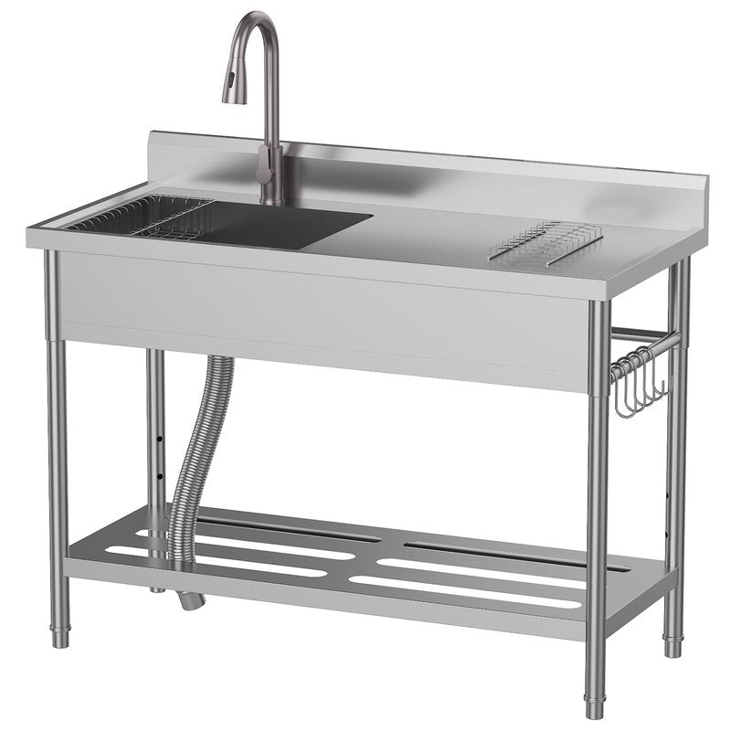 Gray Utility Sink, 47 x 22 x 37 Inch Freestanding Stainless Steel Single Bowl Laundry Sink With Pull-Down Faucet, Large Workbench Top, Modern Metallic Finish for Garage, Mudroom