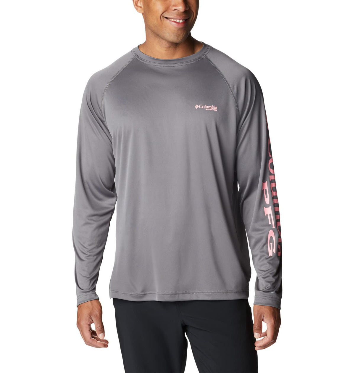 Columbia Men's Terminal Tackle Long Sleeve Fishing Shirt, City Grey/Pink Pop Logo, Medium