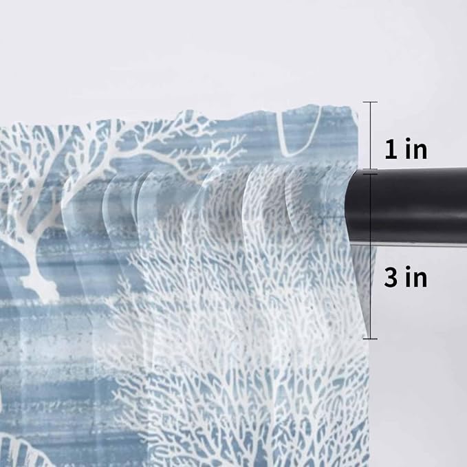 Haze Blue Retro Summer Sheer Valance Curtains, Sea Turtle Starfish Coral Ocean