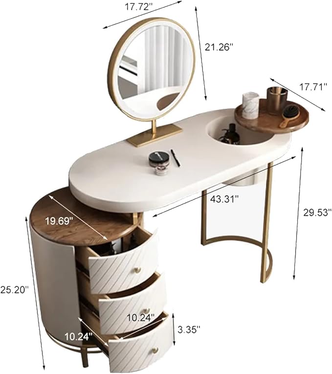Setawix Vanity Desk with Mirror 43 Inches Makeup Table Set with LED Lighted Mirror and Storage Dressing Table with Movable Tray Top and 3 Solid Wood Drawers for Women and Girls, No Stool (White)