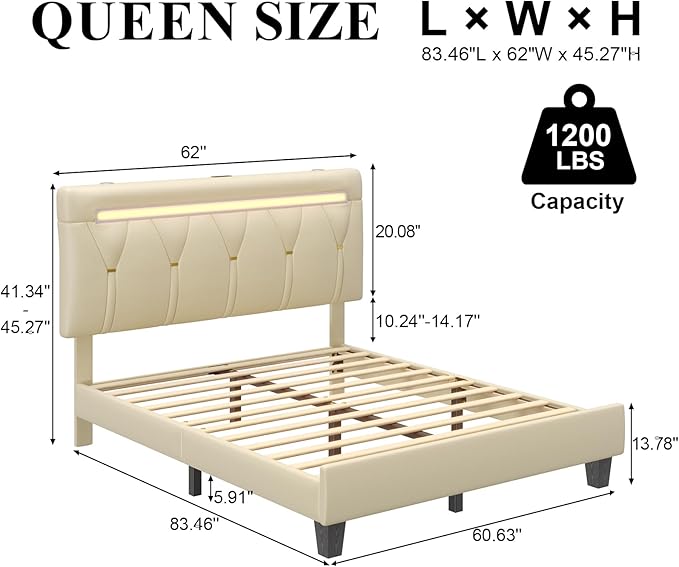Queen Size Bed Frame with Bluetooth Speaker, LED Lights and Charging Station, Faux Leather Linen Fabric Adjustable Headboard,Modern Upholstered Bed, Wood Slat Support, Beige