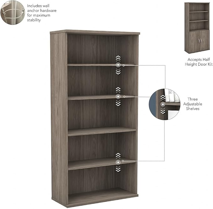 Bush Business Furniture Hybrid Tall 5 Shelf Bookcase in Modern Hickory