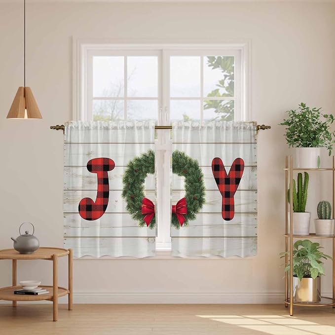 Christmas Wreaths Kitchen Curtains 54 Inch Long 2 Panel Set, Rod Pocket Window