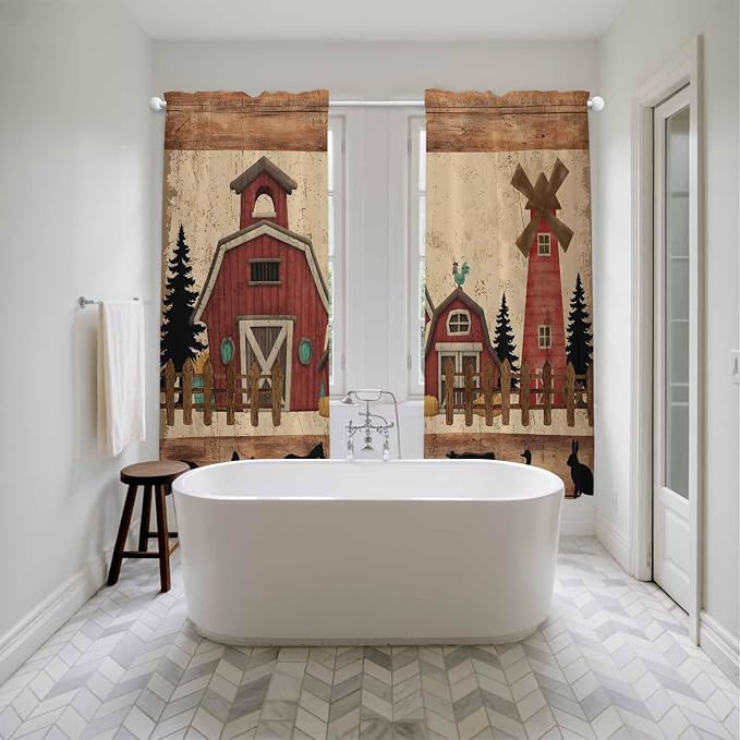 Brown Farmhouse Kitchen Curtains, Vintage Country Animals Wooden Grain Light