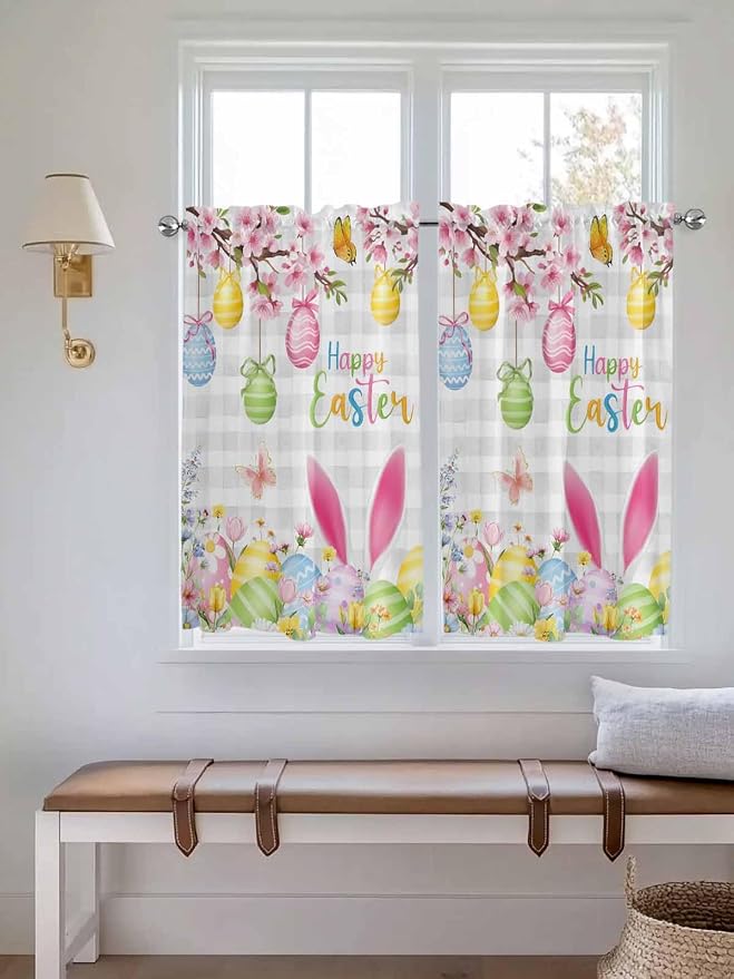 Happy Easter Kitchen Curtains 54 Inches length, Spring Watercolor Bunny Eggs