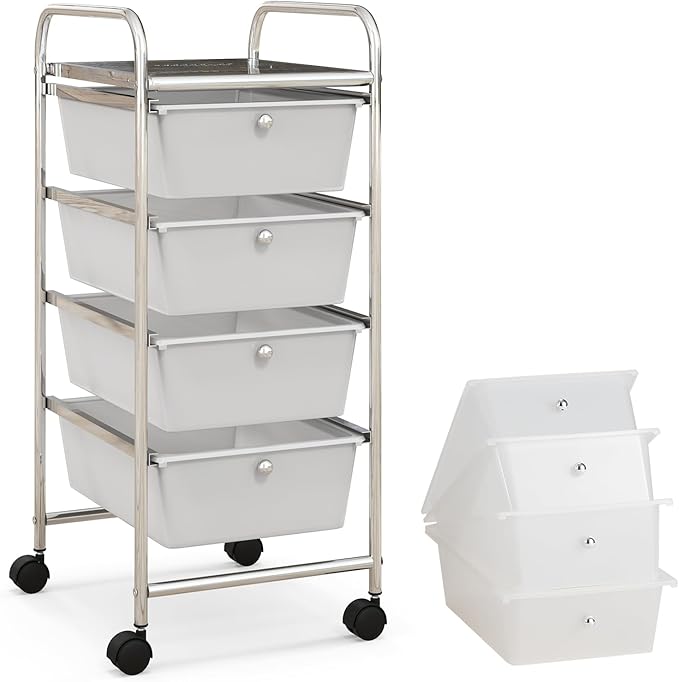 COSTWAY Rolling Storage Cart with 4 Drawers, Plastic Storage Cart and Organizer w/ 4 Removable Drawers, Multipurpose Organizer Cart for Home Scrapbook Paper Office School Tools (Clear)
