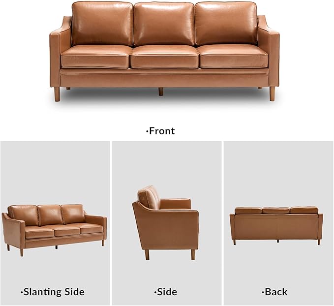Kingfun 80" Faux Leather Sofa, 3 Seater Couch, Mid Century Modern Couch with Solid Wood Frame for Living Room & Bedroom, Brown