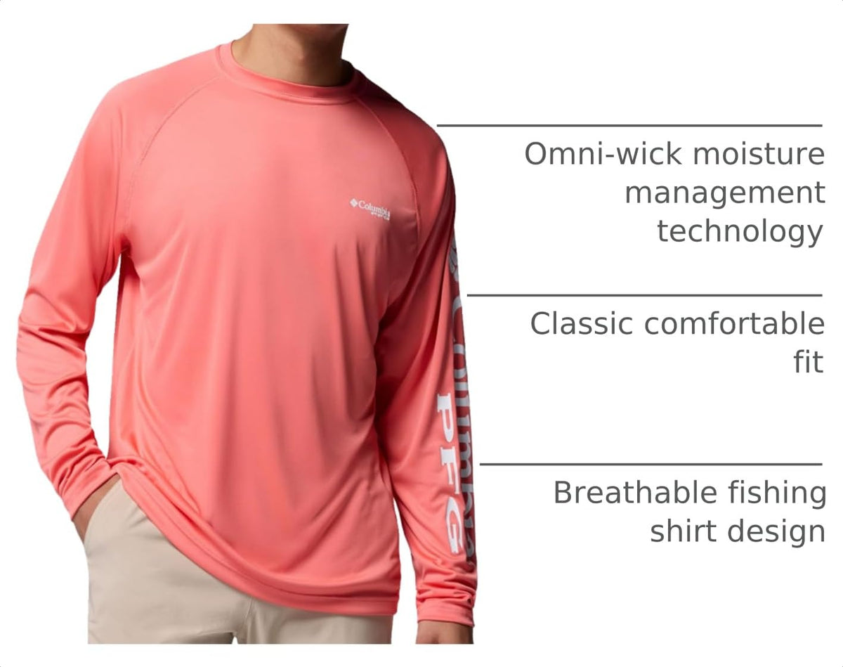 Columbia Men's PFG Terminal Tackle Long Sleeve Fishing Shirt, Melonade/White Logo, Large