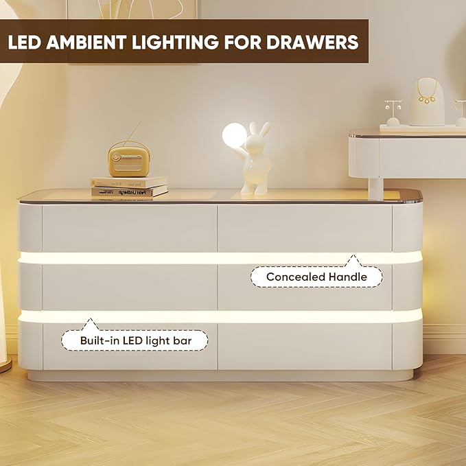 Vanity Set - Solid Wood Vanities Desk with LED Smart Mirror and Drawers, Modern Vanity Table with Glass Countertop and Makeup Stool, Vanities for Bedroom, Gifts for Her (Khaki)