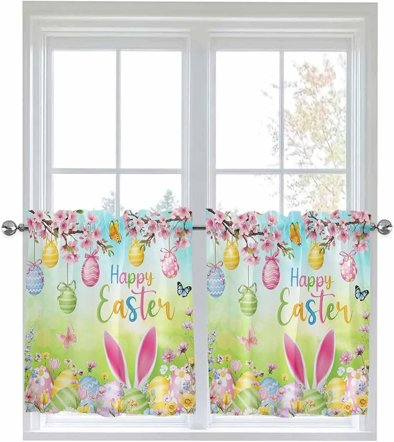 Easter Half Window Curtain 36 Inches Long, Spring Bunny Colorful Rabbit Eggs