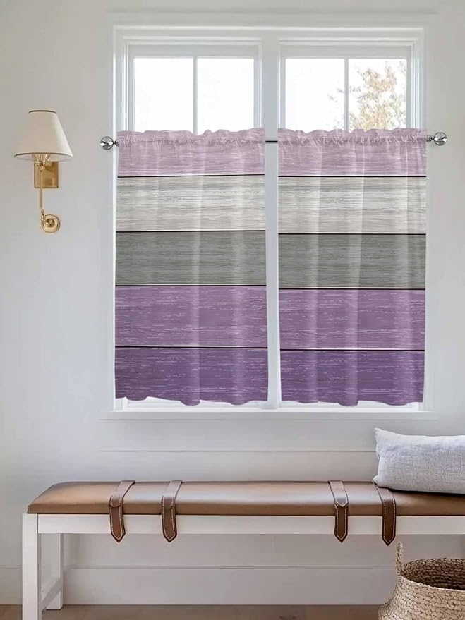 Country Wood Board Gray Purple Window Valance Curtains, Farmhouse Gradient