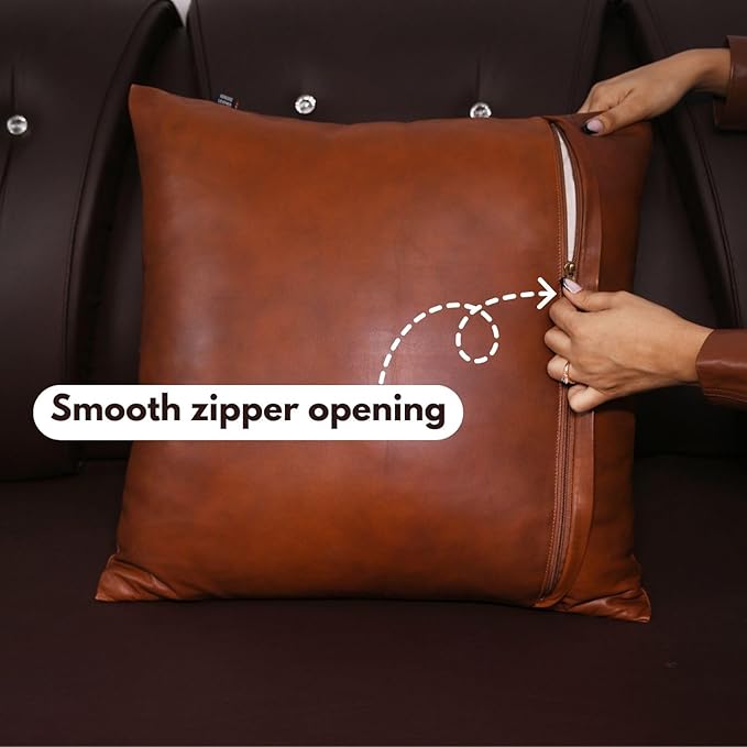 D DOLLY LAMB Lambskin Leather Pillow Cover - Sofa Cushion Case - Decorative Throw Covers for Living Room & Bedroom, 14x14 Inches - Mango Tan Antique Pack of 2